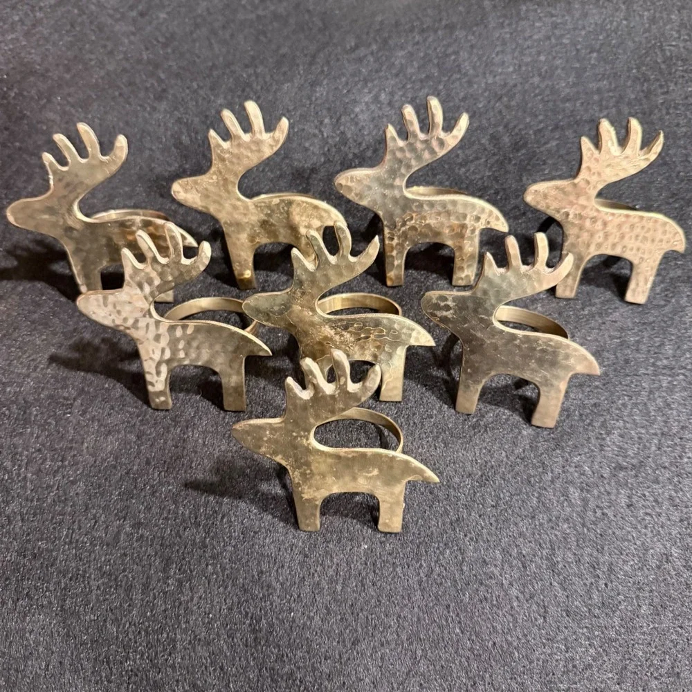 Vintage Hammered Gold Reindeer Napkin Rings‎ Set of 8 Christmas Holiday Decor